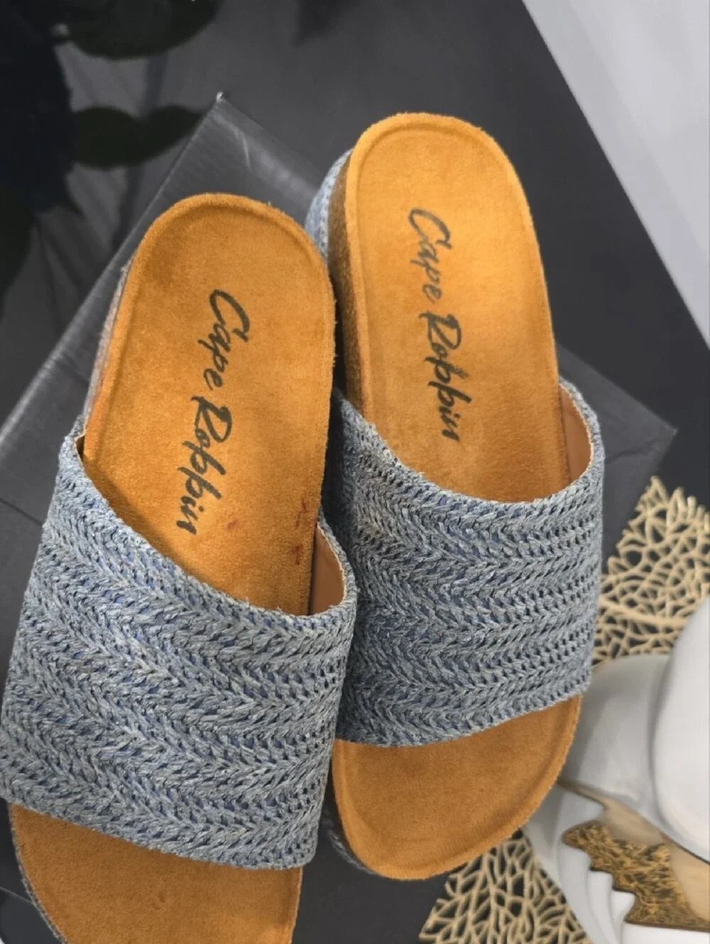 Cape Robbin Denim Blue Woven Platform Slides